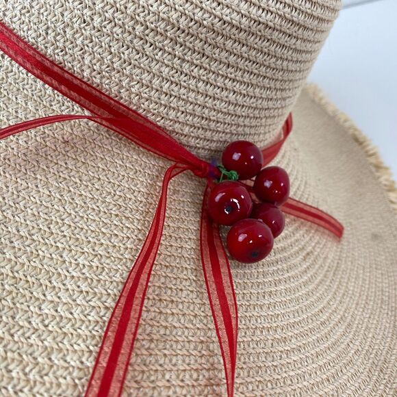 Wide Brim Straw Grass Woven Sun Hat with Cherries Womans Beach Boho Peasant - Picture 8 of 13